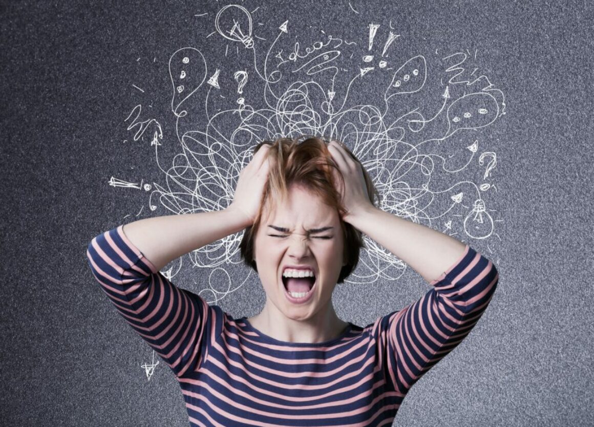 Young woman with worried stressed face expression with illustration